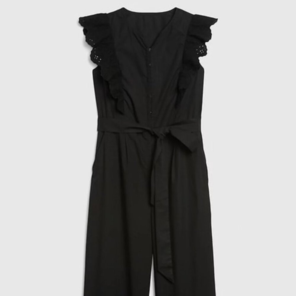 GAP Black Poplin Jumpsuit with Eyelet Ruffle Detailing